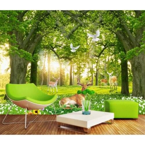 3D wallpaper modern simple TV background tree blue sky grassland sika deer pigeon flower decorative mural photo wallpaper wall 3