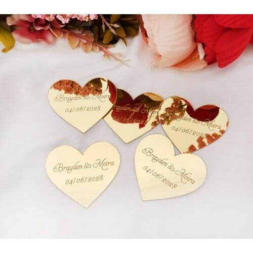 30pcs 6cm Custom Wedding Name Mirror Small Heart Personalized Acrylic Sticker Invitation Cards Party Decor Favor Bridal Gift