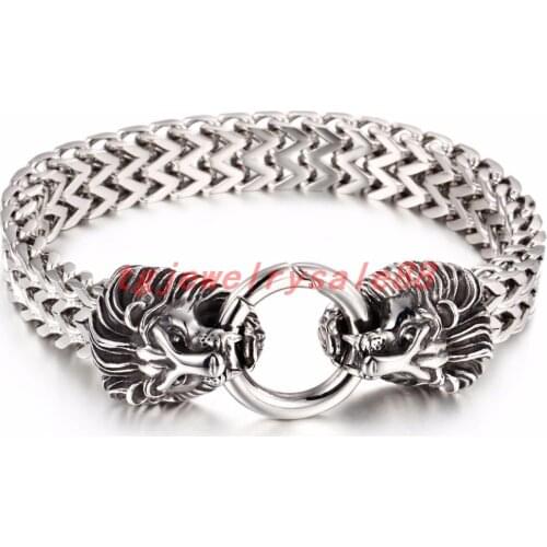 12mm*8.66" New Design Silver Color Figaro Rolo Chain Bracelet Jewelry Cool Mens Xmas Stainless Steel Lion Head Clasp