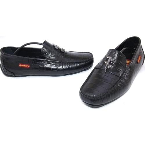Handmade Black Flexible Loafers with Crocodile Skin Patterned Calf Leather, Metal Logo Sign, Mens Casual Fashion Footwear 2021