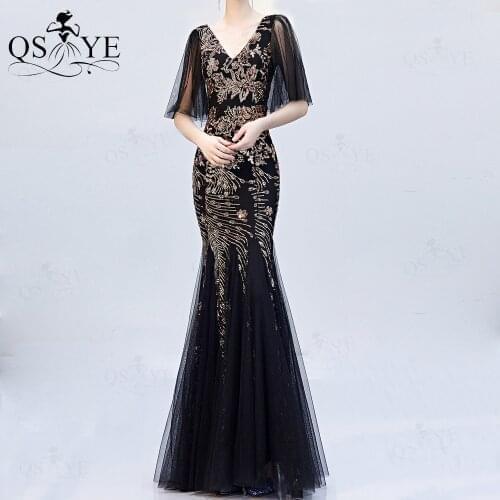 QSYYE Black Evening Dresses Golden Lace Prom Gown with Sleeves Gold Appliques Party Dress Mermaid Sequin Lace Long Formal Gown