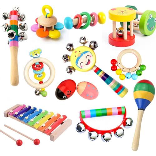 Musical Wooden Rattle Toys For Babies Sand Hammer Baby Rattles Hand Bell Singing Wooden Toys Development Baby Toys 0 12 Months