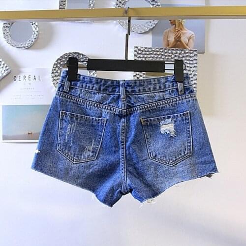 Summer Womens Denim Shorts Korean Fashion High Waist Hole Ripped Loose Fit Jeans Short Sequin Floral Wide Leg Woman Trouser