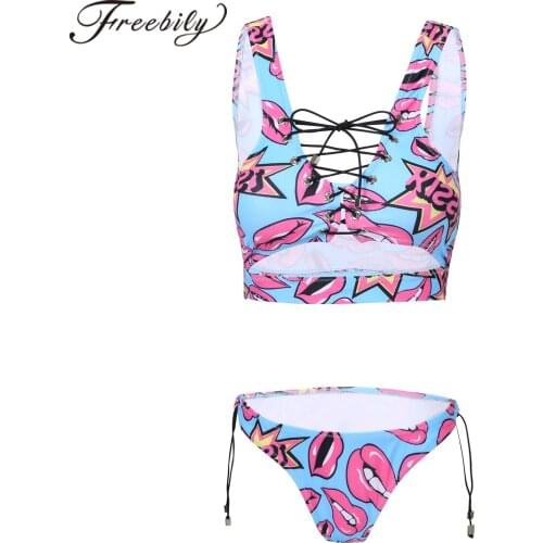 Summer Swimsuit Womens Lace-Up Swimwear Beachwear Bathing Suits Padded Printed Tank Top with Thong Briefs 2pcs Woman Swimsuits