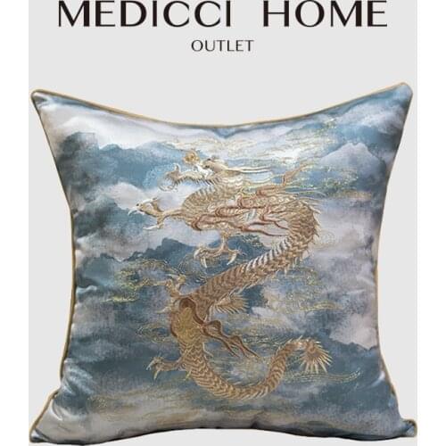 Medicci Home Cushion Cover Chinoiserie Chinese Feature Golden Chinese Dragon Embroidery Antique Throw Pillow Case Luxury Coussin