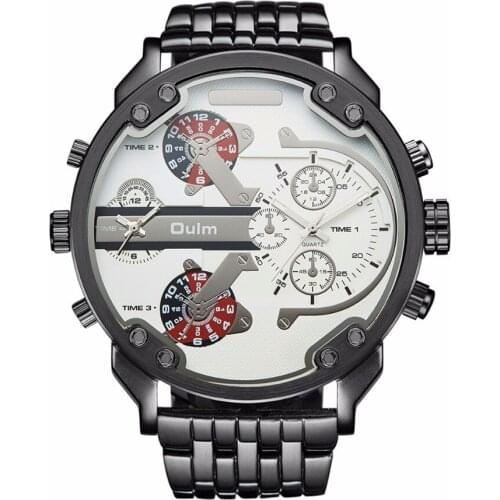 New Stainless Steel Oulm 3548 Dual Time Zone Mens Quartz Watch Luxury Brand Gold Color Oversize Dial Men Birthday Gift Watch