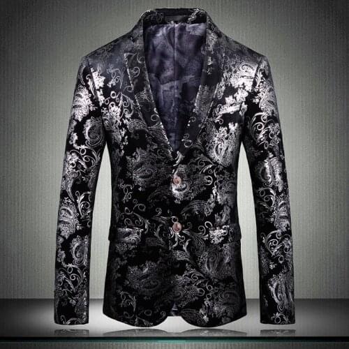 2021 Blazer Men Luxury Silver Printed Fashion Single Breasted Mens Suit Jacket Plus Size 4xl 5xl Casual Slim Fit Mens Blazer