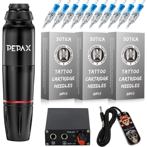 PEPAX Tattoo Kit Rotary Pen Machine Gun 60PCS Disposable Cartridges Needles Power Supply Foot Pedal for Tattoo Supplies