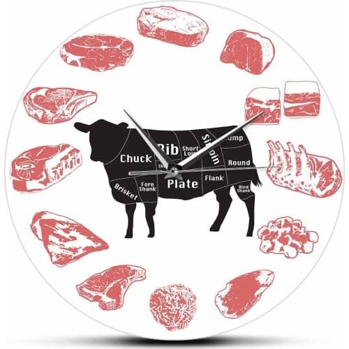 Angus Beef Chart Minimalist Wall Clock Steak House Farmhouse Kitchen Wall Art Silent Quartz Clock Cow Meat Cut Butcher Art Clock