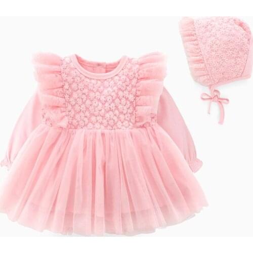 New Born Baby Clothes Autumn Girls Full Moon Party Dress Cute Baby Girl Long Sleeve Princess Dress Infant Costume Lace Pink Gown