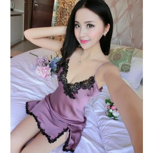 Flower Edge Sexy Women Nightgown Free Shipping Mini Nightdress Suspenders Nightwear With v-neck Lace Silk Satin Sleepwear Hot