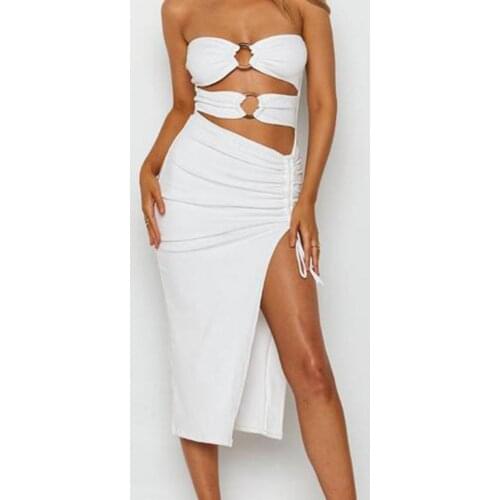 Sexy Women Midi Dress Solid Color Drawstring Women High Waist Split Hollow Out Low Cut Dress Beachwear Party 2021