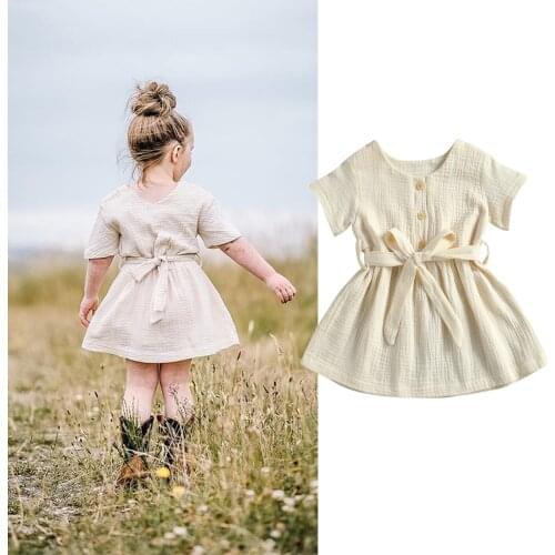 Citgeett Sumemr Solid Infant Baby Girls Casual Short Sleeves Dress Belt Fashion Button V-neck Princess Dress Clothes