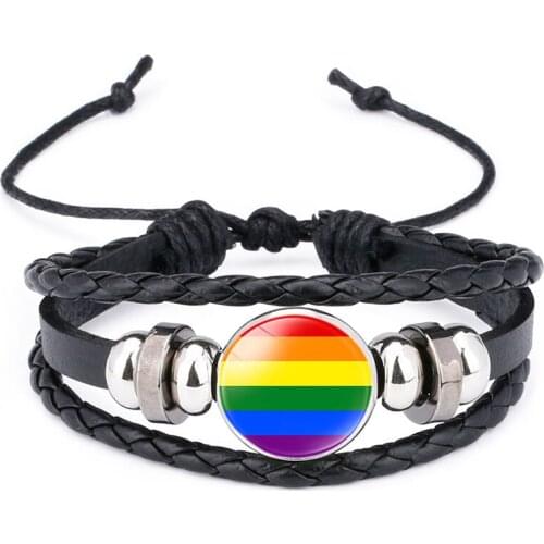 Rainbow Gay Pride Leather Bracelet Men Women Time Gem Jewelry Couple Bracelets Gifts