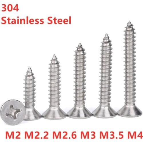 20/50Pcs 304 stainless steel Flat Head Self-tapping Screw M2 M2.2 M2.6 M3 M3.5 M4 Cross Recessed Countersunk Head Tapping Screws
