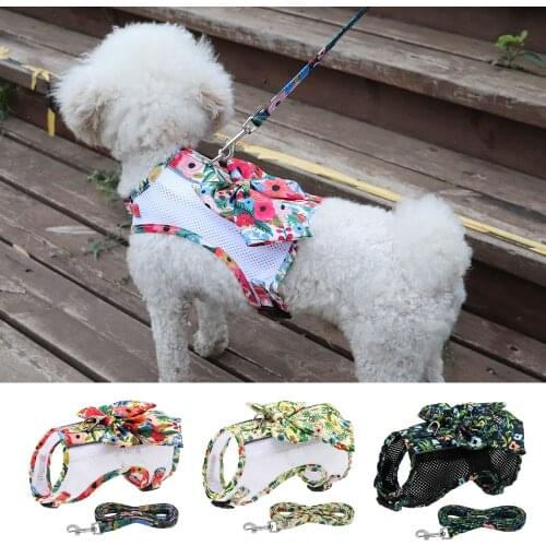 Mesh Nylon Dog Harness and Leash Set Pet Flower Vest Harness With Matching Leash Rope Bowknot Accessory For Small Medium Dogs