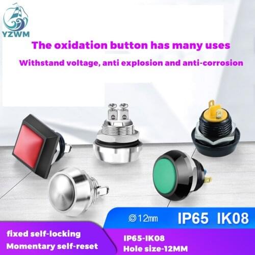 YZWM 12mm Spherical Metal Button Switch Oxidation Surface Reset Self-locking Welding Screw Foot Waterproof and Anti Riot