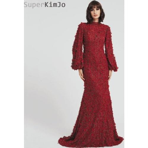 SuperKimJo Long Sleeve Burgundy Evening Dresses Elegant Arabic Style Mermaid 3D Flowers Evening Gown Robe De Soiree