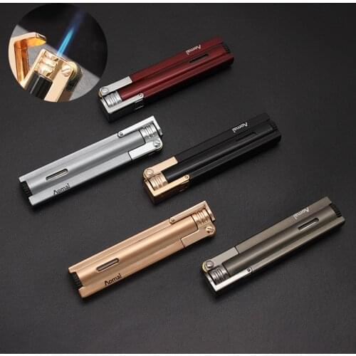 Jet Torch Lighter Butane Gas Turbo Ultra Thin Lighter Windproof Metal Cigar Pipe Lighter Long Stripe Transparent Fuel Tank