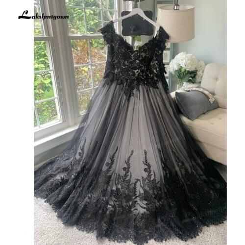 Gorgeous Custom Black Wedding Dresses with V neckline Off Shoulder Gothic Lace Sequins Bridal Gowns vestido de casamento 2022