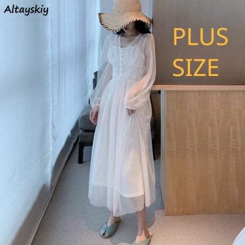 Patch Dresses Women Mesh Voile Lace Elegant Korean Style Sweet Chic V-neck Female Popular Vestido Feminino XS-3XL Plus Size Soft