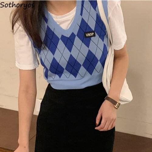 Women Sweater Vests Argyle Slim All-match Preppy Style Stylish Classic Jumpers Hot Crop Tops V-neck Temperament Retro Sweet Cozy