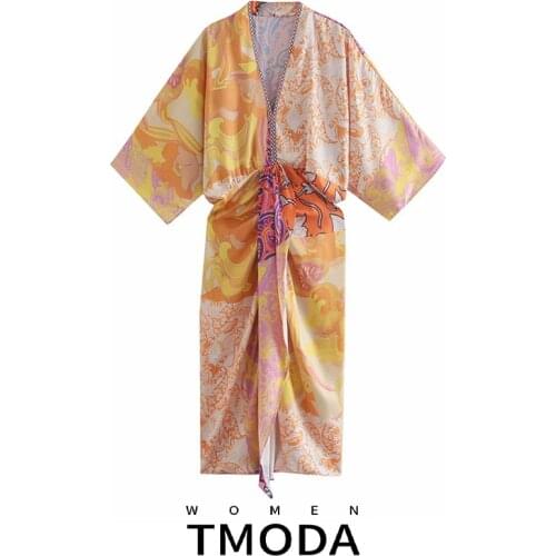 TMODA1785 Za Women 2021 Fashion Patchwork Print Pleated Midi Dress Vintage Three Quarter Sleeve Split Hem Female Dresses Vestido