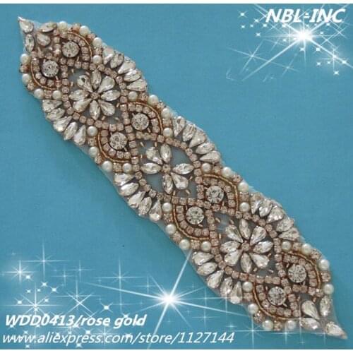 30pcs) Wholesale bridal sash beaded sewing rose gold crystal rhinestone appliques for wedding dresses sash belt iron on WDD0413