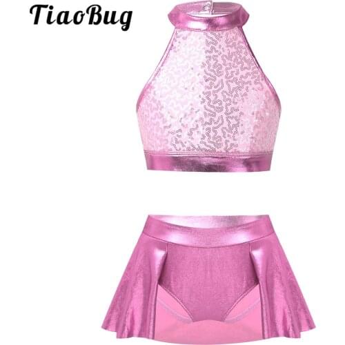 TiaoBug Kids Two-Piece Dancewear Sleeveless Crop Top with Bottoms Set Girls Ballet Gymnastics Outfit Stage Performance Costume
