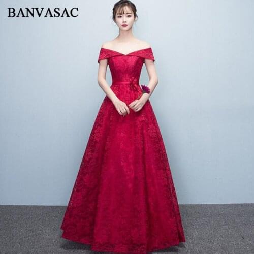 BANVASAC V Neck Crystal Flower Sash A Line Long Evening Dresses 2018 Party Lace Embroidery Backless Prom Gowns