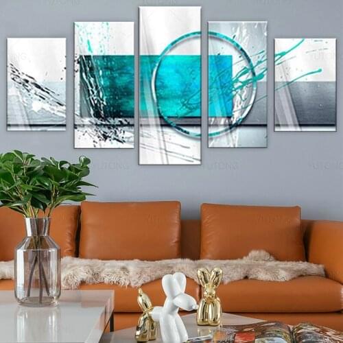 Turquoise Expression Abstract Wall Artwork 5 Panels Modern Teal Canvas HD Printed Painting Home Decoration Gifts Nordic Style