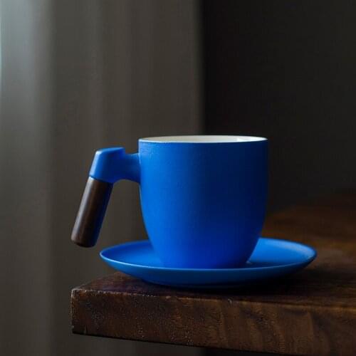 Handmade Ceramic Mugs With Handgrip Blue Red Ins Popular Coffee Cup Saucer Set 400CC Japan Simple Style