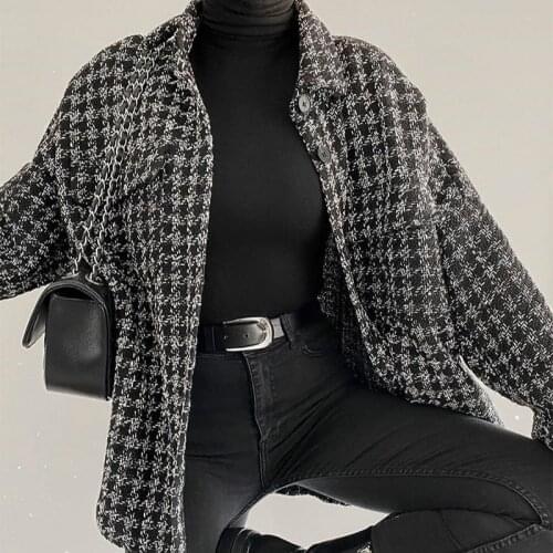 Women Autumn Plaid Jacket Check Houndstooth Lapel Collar Coat Winter Female New Full Sleeves Single Breasted Outerwear Classic