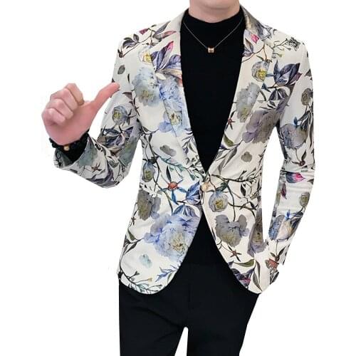 New Men Luxury Flowers Allover Printing Prom Suit Blazers Single Button Party Male Nightclub Slim Fit Wedding Dress Jacket Coat