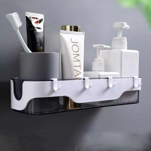 Wall-mounted Storage Rack Bathroom Shelf For Kitchen With Hooks Storage Bathroom Accessories Without Drill Plastic Container