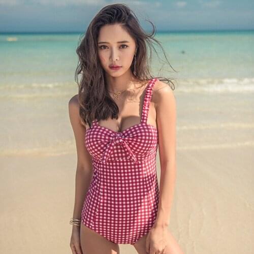 2021 Ladies Xiaoxiangfeng Hot Springs New Lattice Steel Support Gathers Conservative and Thin Triangle One-piece Swimsuit