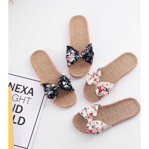 2021 New Open-toed Floral Womens Slippers Home Bow Style Womens Shoes Four Seasons Cotton Shoes Wear-resistant and Breathable