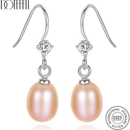 DOTEFFIL New Drop Earrings Natural Freshwater Pearl Authentic 925 Silver Zircon Pearl Earrings For Women Jewelry Christmas Gift