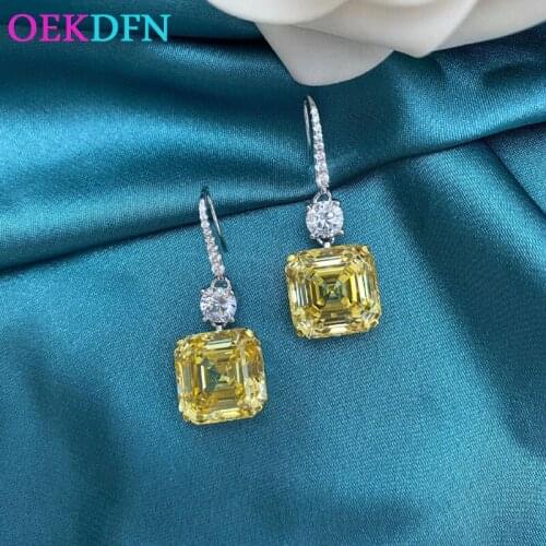 OEKDFN Pure 925 Sterling Silver Drop Earrings For Women Created 14*14MM Citrine 5A+ Zircone Gemstone Party Wedding Fine Jewelry