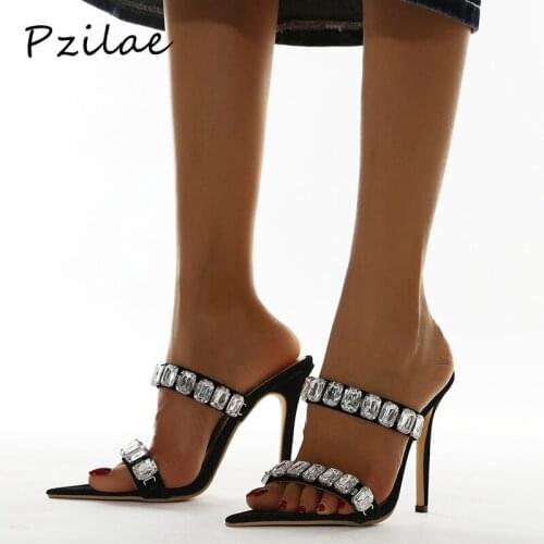 Pzilae 2021 New Summer Fashion Shoes Woman Slippers Sandals Crystal Decoration Pointed End Peep Toe Party Pumps High Heels Slide