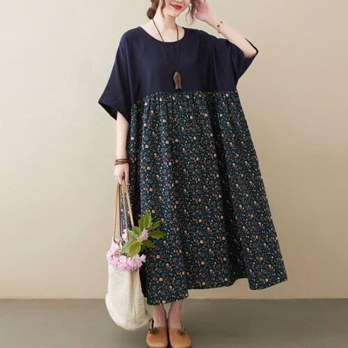 Plus Size Floral Splicing Women Dress 2021 Summer Short Sleeve Cotton Boho Maxi Dress Vintage Loose Oversize Linen Sundress 5XL