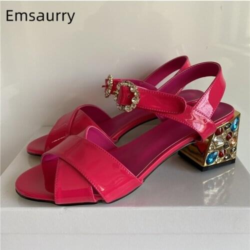 Colorful Diamond Square High Heel Sandals Women Cross Band Ankle Strap Rose Patent Leather Rhinestone Summer Sandalias