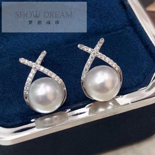 SHOWDREAM S925 Silver Zircon Australian White Pearl Natural Seawater Pearl Earring