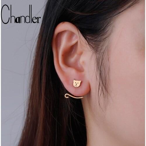 Chandler Bohemia Cat Ear Jackets Front Back Two Sided Earrings Cute Kitty Animal Studs Piercing Unique Alloy Earring For Girls Teens Boho PetLovers Trendy Jewelry Wholesale Double Sides Ear Cuff Bronics Pendientes