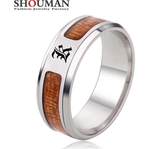 SHOUMAN Initials Signet Real Wood Couple Ring for Men Women Lover Band Stainless Steel Custom Engrave Letters Jewelry Gift