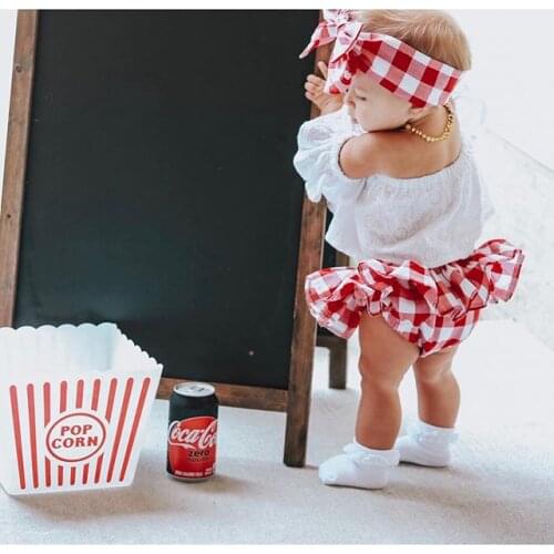 Cute Newborn Baby Girl clothes Off Shoulder pullover short sleeve Tops bow plaid Headband Geometry Ruffle shorts 3pc kids Outfit