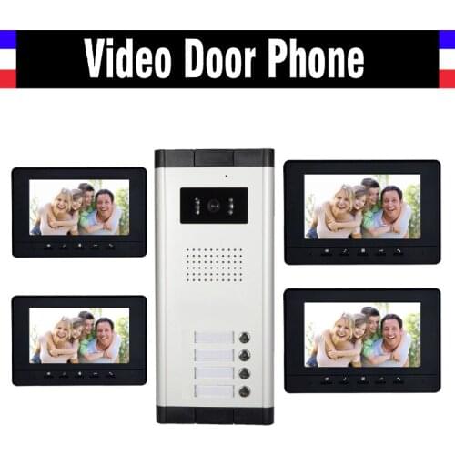 4 Units Apartment Video Intercom System 7 Inch Monitor Video Door Phone Intercom System Wired Home Video Doorbell kit