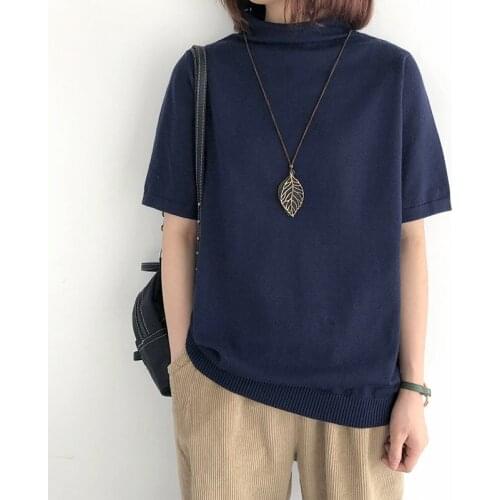 Turtleneck Cotton Knitted Women T-Shirts Spring New Solid Short-Sleeved Casual All Match Female Pulls Tops Tees