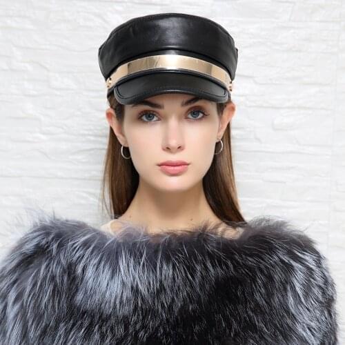 Real Leather Military Cap Army Cap Sailor Hats For Women Men Flat Top Travel Cadet Hat Captain Military Sheepskin Hat Letter “M