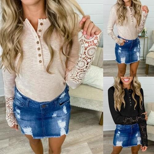 Women T-shirts Lace Long Sleeve Buttons V-neck Shirts Tee Casual Slim Basic Tops Autumn Spring Pullovers T Shirt Camiseta Mujer